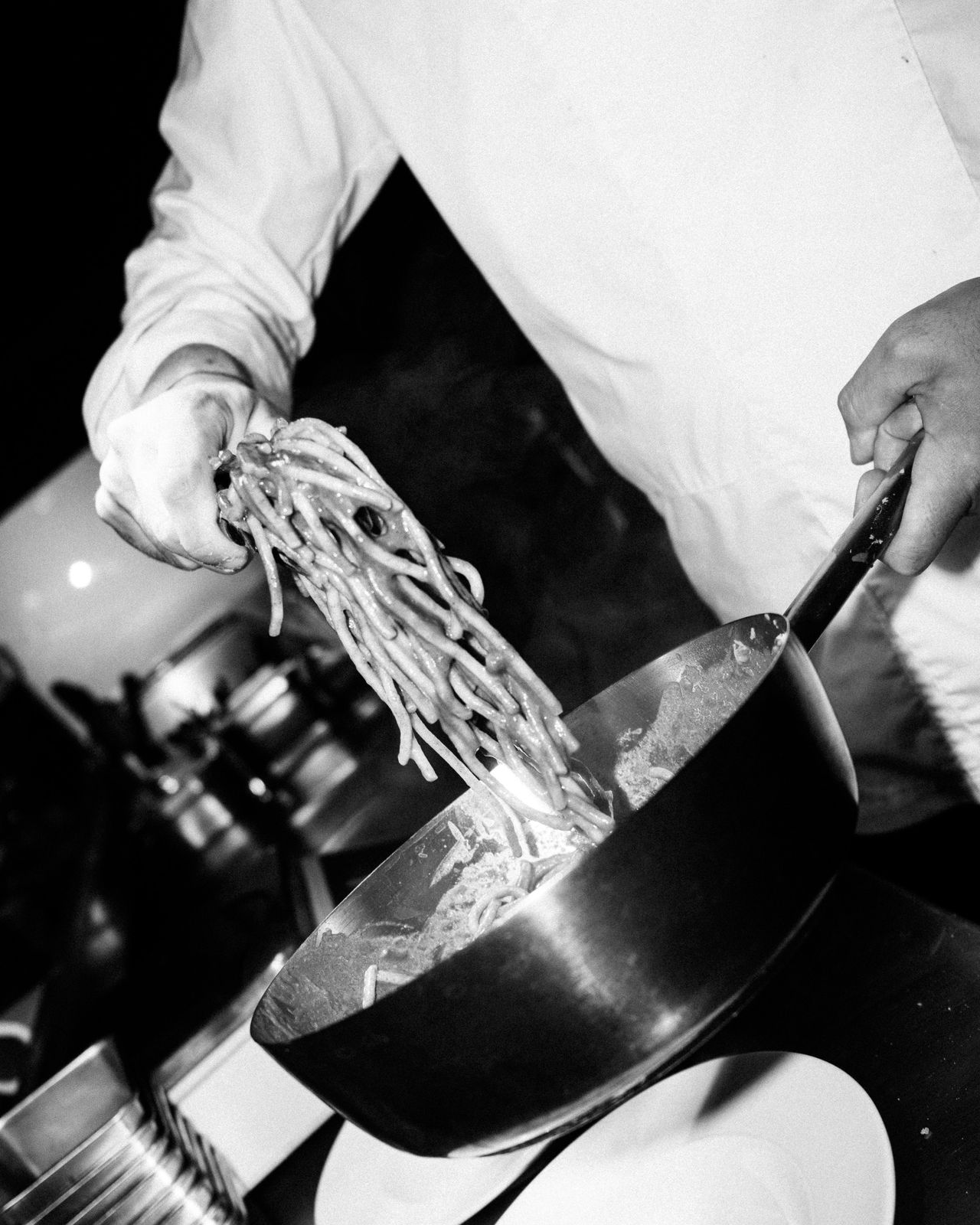 Cooking on the line, black and white